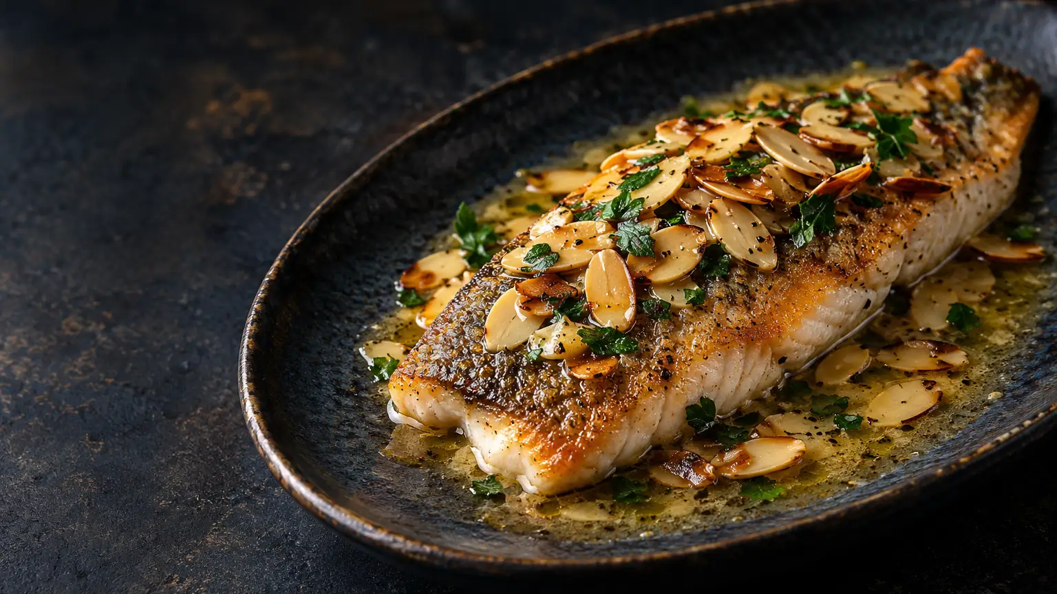 Golden pan-fried trout fillet with toasted sliced almonds, lemon butter sauce and parsley on a dark plate