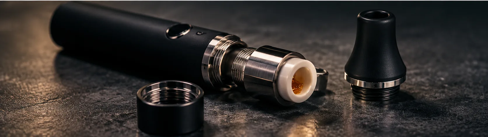 Disassembled concentrate vaporizer pen with ceramic chamber and mouthpiece on a dark work surface