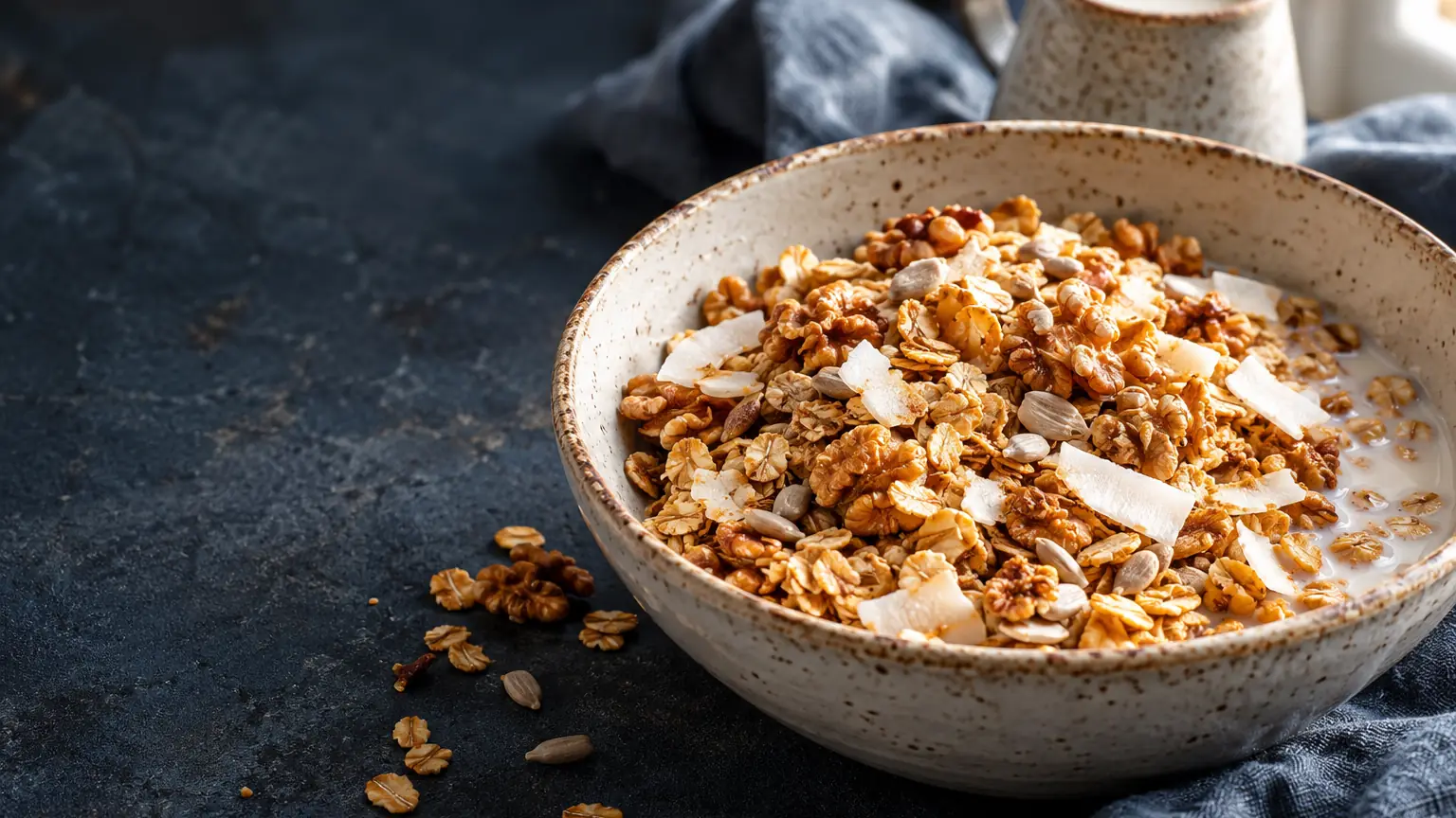 Golden oat cereal with walnuts, sunflower seeds and coconut shavings in an ivory bowl with a little cold nut milk