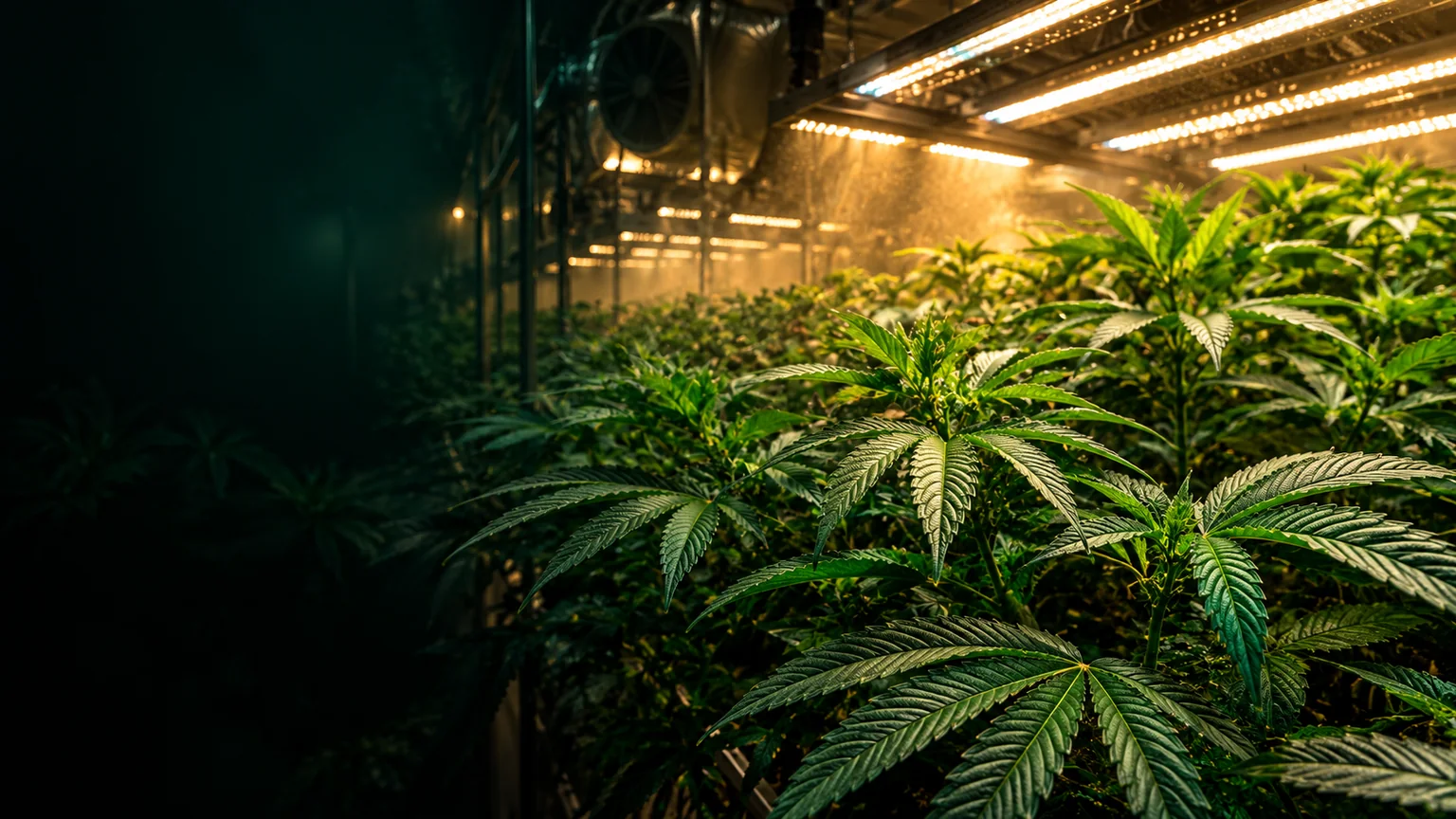 Indoor cannabis plants under overhead grow lighting with a shaded work aisle