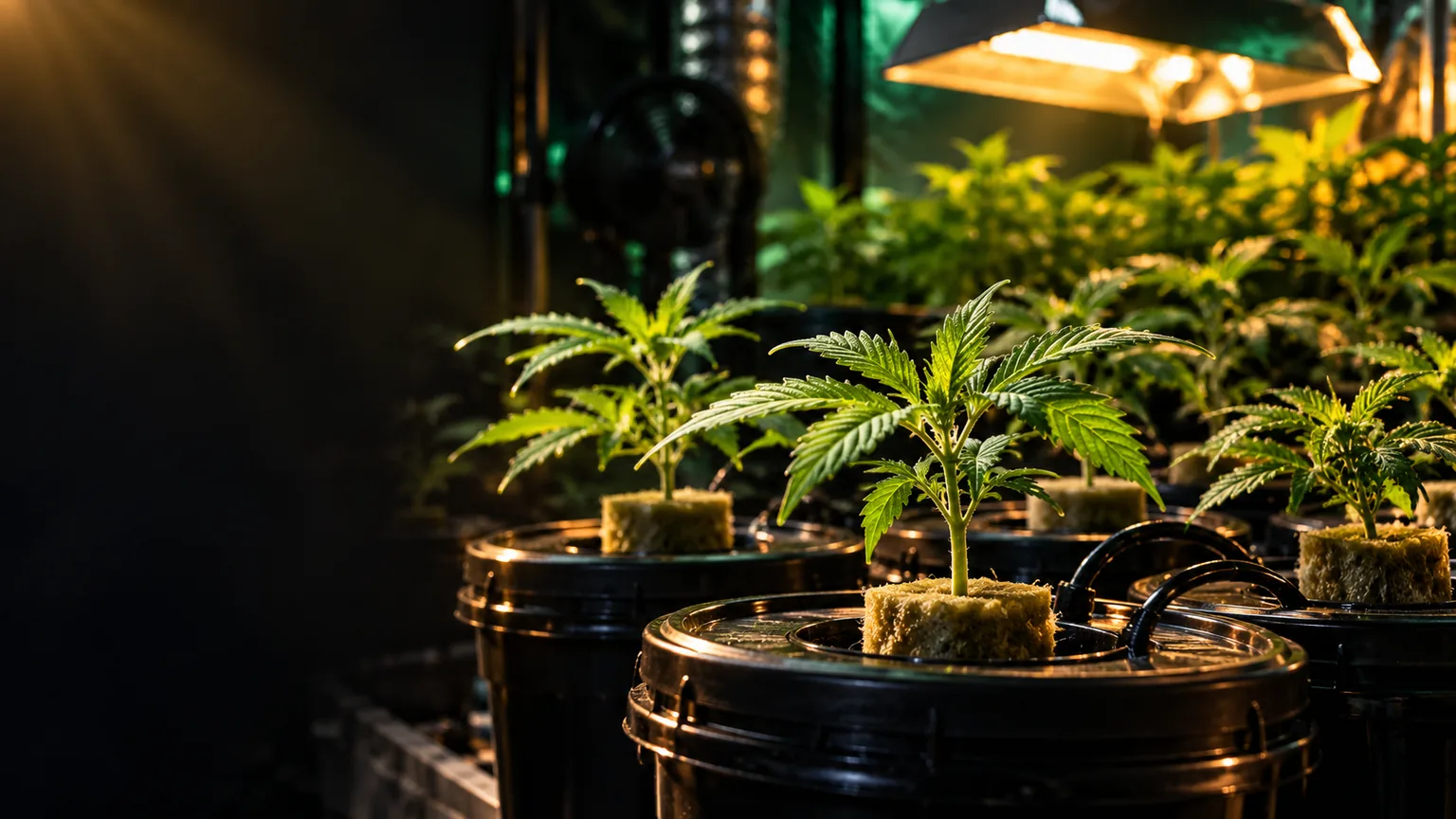 Newly rooted cannabis cuttings settling into hydroponic containers beneath professional grow lights