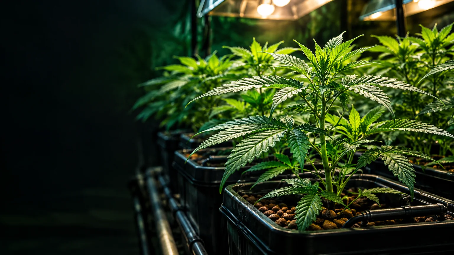 Young indoor cannabis plants developing foliage in a hydroponic system beneath grow lights