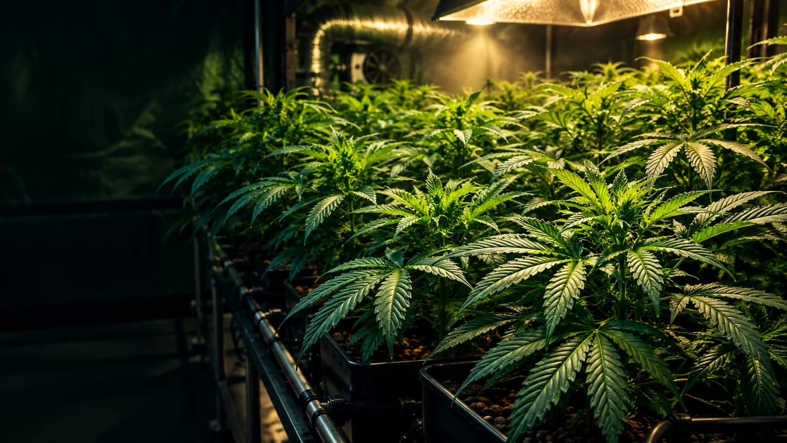 Dense leafy cannabis canopy in late vegetative growth under warm overhead lighting inside an indoor grow room