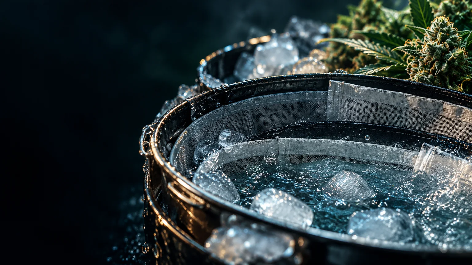 Ice-water filtration bags with cold water and frosty cannabis flowers in a dark teal editorial still life