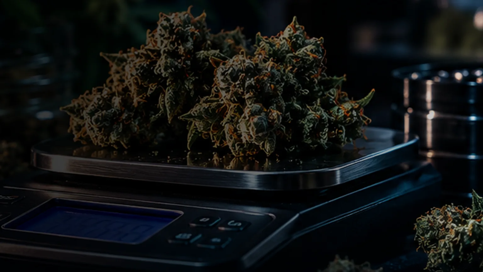 Cannabis flower on a digital precision scale with calibration weights in a dimly lit workspace