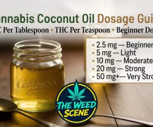Cannabis coconut oil dosage guide showing THC per tablespoon and edible dosage chart