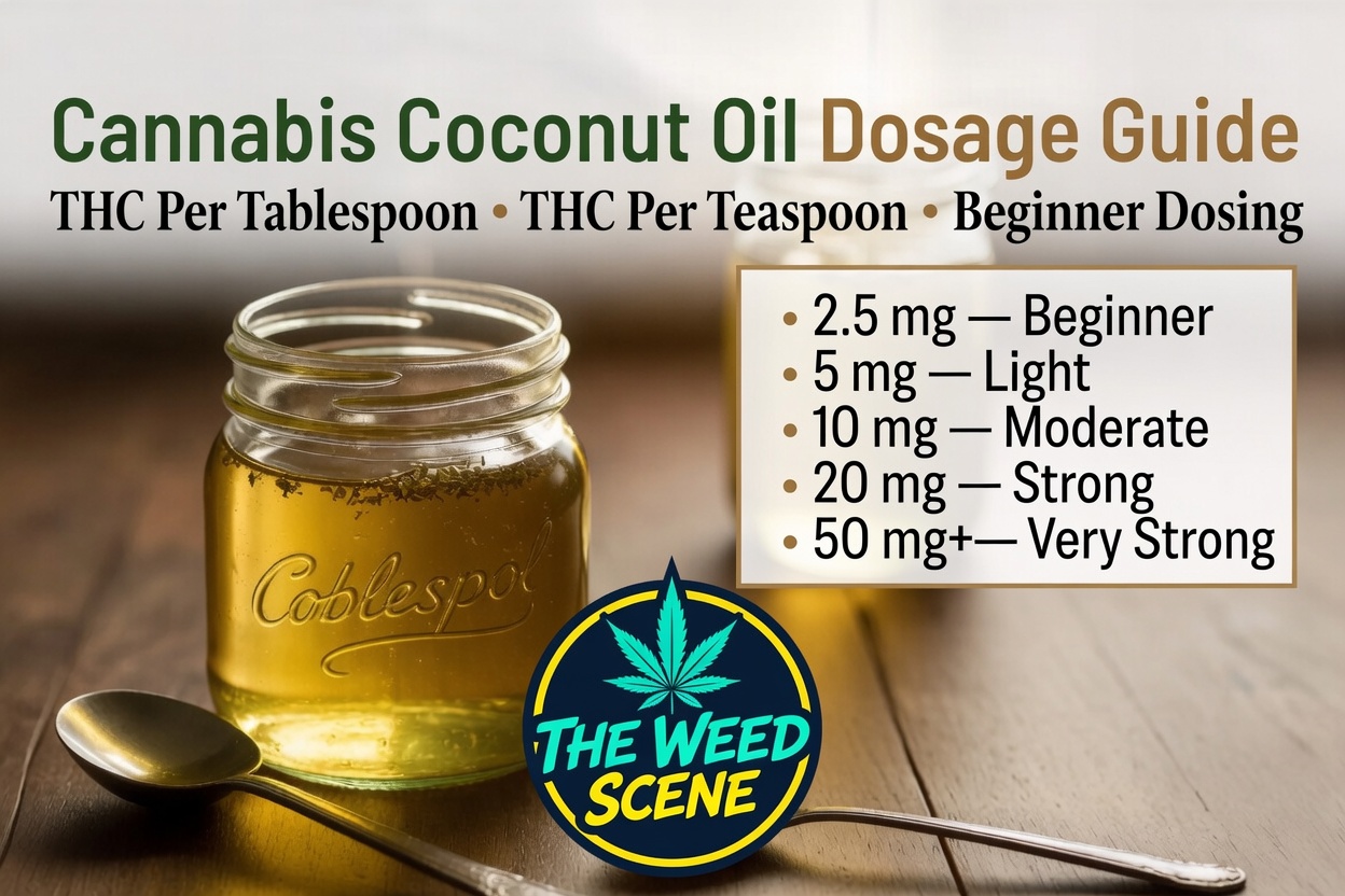 Cannabis coconut oil dosage guide showing THC per tablespoon and edible dosage chart