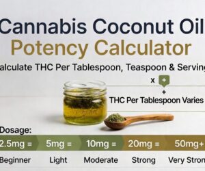 Cannabis coconut oil potency calculator showing THC per tablespoon dosage estimates and serving calculations