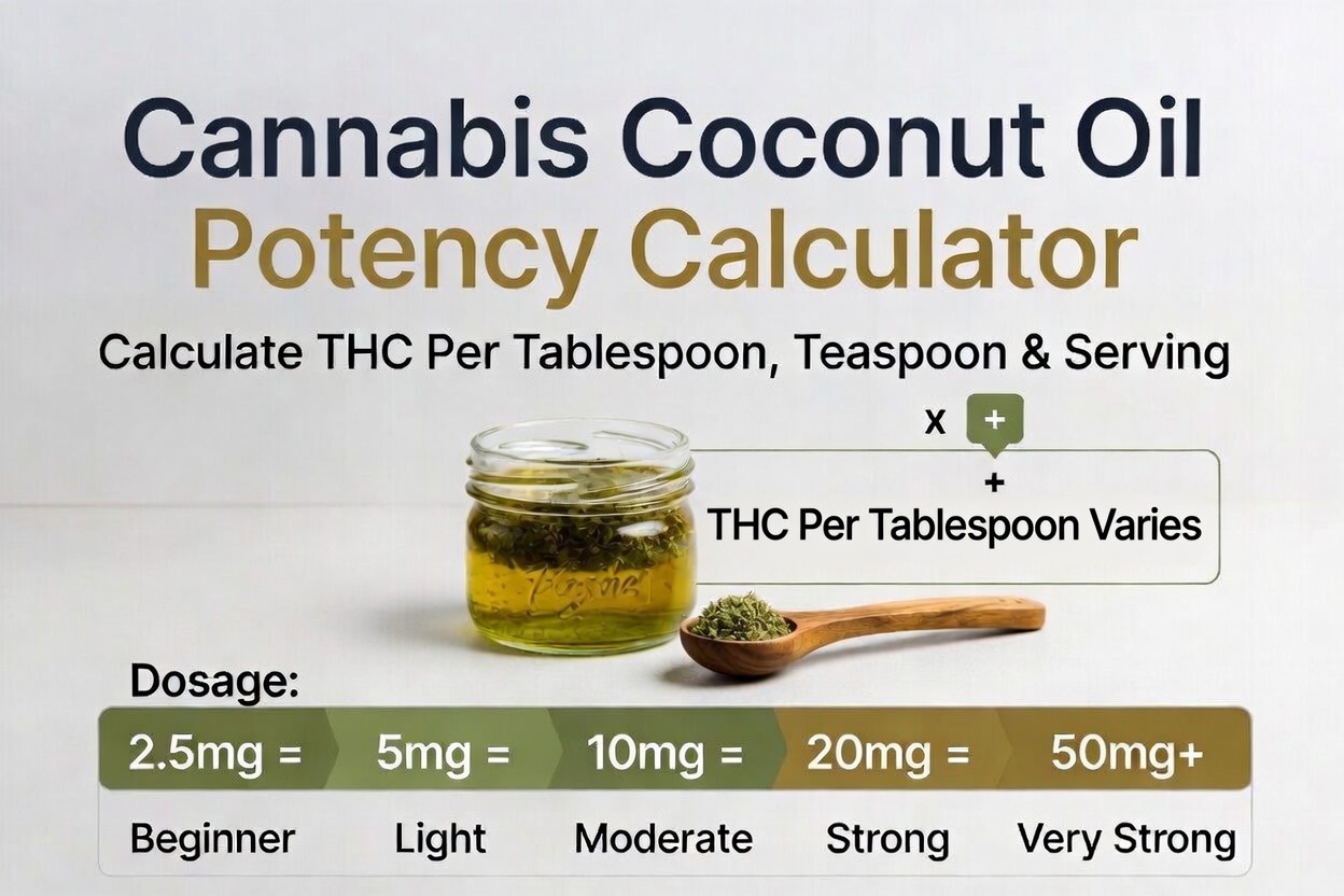 Cannabis coconut oil potency calculator showing THC per tablespoon dosage estimates and serving calculations
