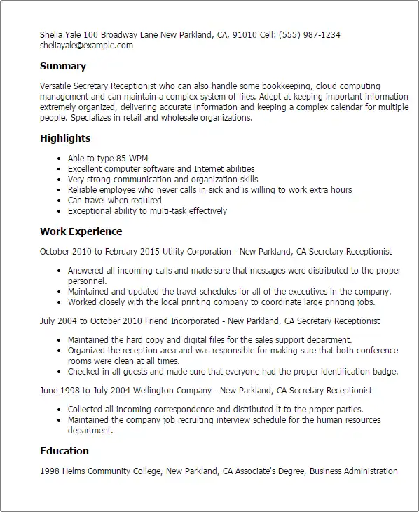 Receptionist for Retail Store and Wholesale Department